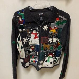 New Women’s Large Charcoal Cardigan with Snowman and Festive Motifs
